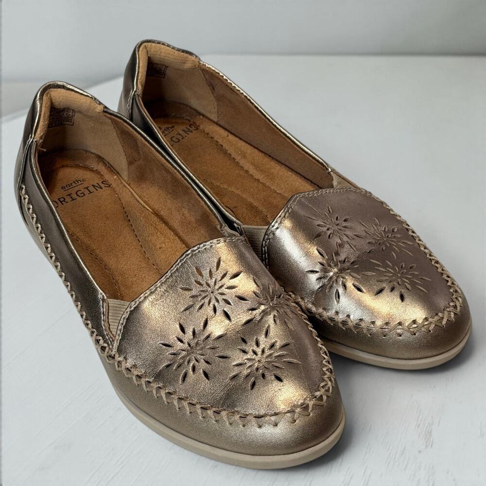 Earth Origins Freya Washed Gold Leather Whipstitch Comfort Flats Loafers Sz 6M